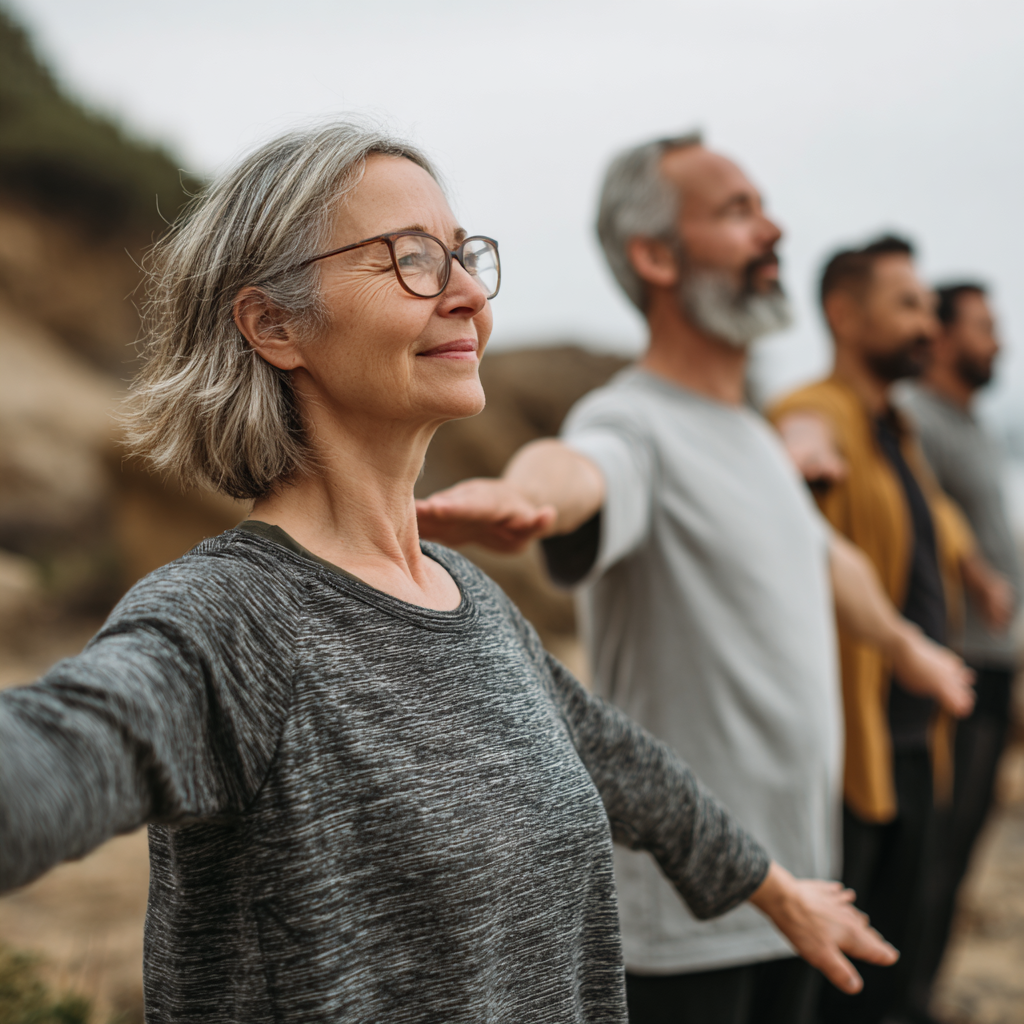 Middle-aged adults practicing gentle movement exercises in natural setting